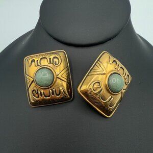 Vintage 1980s Laurel Burch Chunky Tribal Clip On Earrings